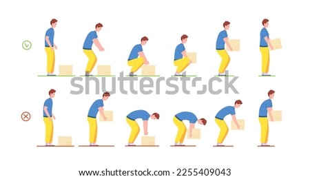 Proper lifting. Correctly and wrong heavy box lift technique, good loadman posture for moving or loading heaviness, safety body bending ergonomic pose, vector illustration of correct box heavy