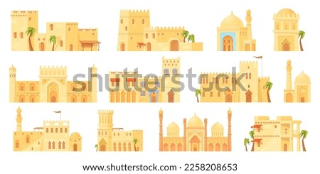 Islamic heritage buildings. Old brick building traditional arabic architecture, facade palais from arabia or africa desert arabian houses, ramadan vector illustration of ancient islamic heritage