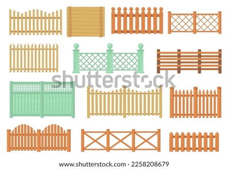 Wooden fencing. Cartoon fences wood bars materials, farm or ranch palisade fence timber balustrade handrail banister garden hedge enclosure barrier gate, vector illustration of wooden fence isolated Imagine de stoc © 