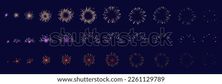 Firework animation. Fireworks sequence set, gathering light particle firecracker explosion effect, christmas holiday burst up 2d, neat vector illustration of animation flash and firework explosion