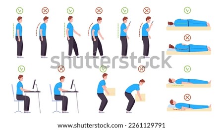 Ergonomic spine postures. Proper and wrong body positions infographic, good or bad stand sit poses back neck on office computer work, healthy posture vector illustration of body position proper