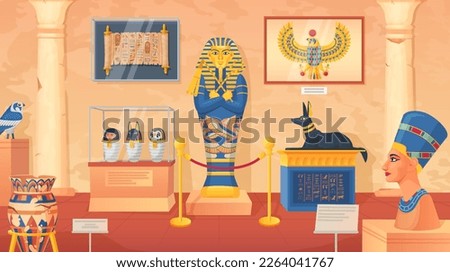 Egyptian museum. Egypt goddess statues and pharaoh mummies in ancient civilization architecture interior with old column, cairo god monuments ingenious vector illustration of pharaoh statue ancient