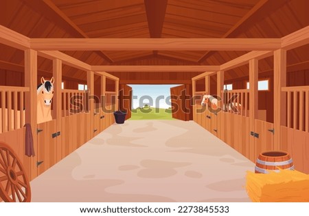 Horses stable. Cartoon barn inside interior, shed with wooden enclosures for purebred racing horse or livestock, indoor farmhouse ranch, ingenious vector illustration of inside building barn