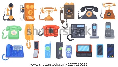 Vintage phones and smartphones. First telephone, cellphone or modern smartphone set, call communication invention, retro mobile phone evolution vector illustration of telephone smartphone technology
