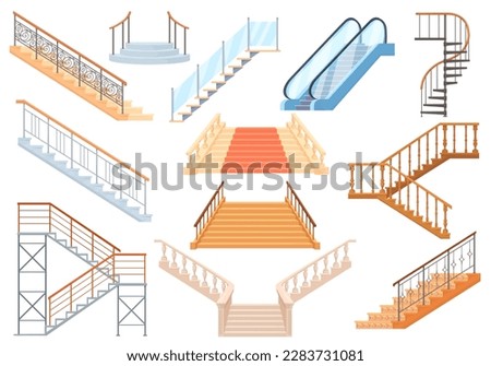 Cartoon staircases. Wooden stone and metal staircase, vintage spiral stairway or subway escalator, carpet marble stairs on top house office hotel apartment neat vector illustration