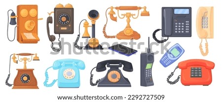 Cartoon retro telephones. Various old wire phones for call, antique dial telephone with handset on cord, vintage office radio cellphone phone, vector illustration of wired old-fashioned nostalgia