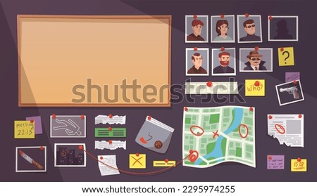Investigation wall. Detective board elements for clues search investigator game, detection workplace with threads pin criminal photo map or crime plan, vector illustration of criminal detective board