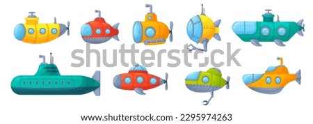 Cartoon submarines. Cute childish submarine with iron arm propeller periscope porthole for undersea exploration, underwater vessel or navy bathyscaphe vector illustration of submarine exploring
