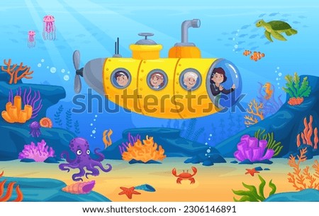 Children in submarine. Kids in sailor bathyscaphe explore underwater life, cartoon cute boat with child look on sea fish under water ship ocean travel vector illustration of submarine nautical