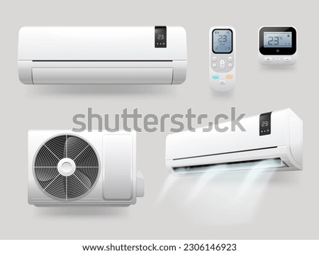 Realistic conditioner. Air conditioners with ionizer refreshing cool aires purifier on ac energy, split system remote control weather in house or office, exact vector illustration isolated on gray