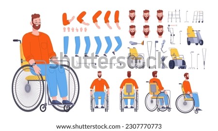 Man with disability constructor. Character creation animation, cartoon man wheelchair or crutch user, face expressive person construction splendid vector illustration on white