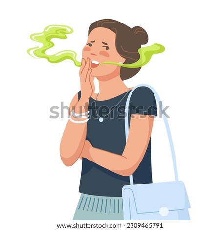 Woman bad breathing. Teenager asian girl with disgusted breath from mouth, bacteria halitosis disease or dental tooth trouble, smelly odor stink in conversation vector illustration of smell breath bad