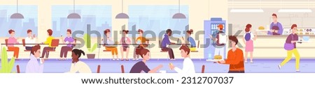 School canteen. Students eating food in university catering, college kitchen chef serving kid young student, dining room cafeteria buffet interior vector illustration of lunch university or school
