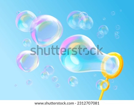 3d blowing bubbles. Realistic soap bubble flying from wand, kids foam souffle play in colorful oxygen shampoo translucent clear ball, child game concept exact vector illustration