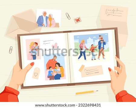 Hands holding family album. Female hand with book memory picture at home table, lady watching on couple young woman man on photo, past photograph happy emotions vector illustration of album family