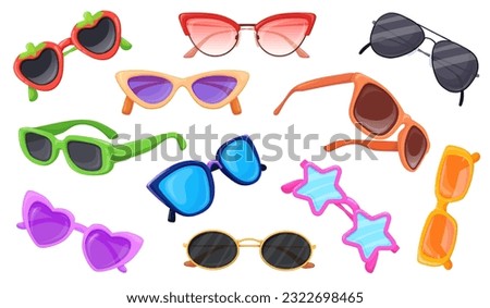 Different sunglasses. Cartoon sun spectacles, colorful glasses lens summer beach eye glass accessories metalic eyeglasses black eyewear specs vector illustration of accessory optical spectacles