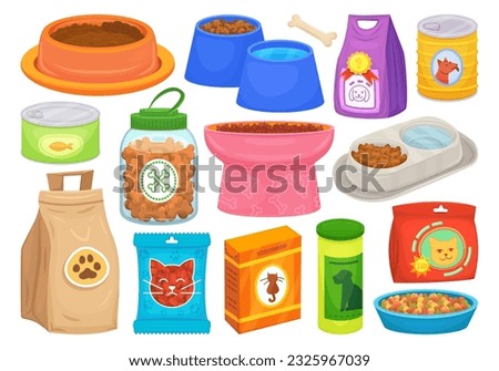 Pet feed treats. Pet food packaging and bowl plate for feeding domestic animals, dog or cat snack bones canine feline nutrition store, decent vector illustration of dog feed and food, snack dish