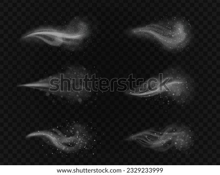 Realistic winter wind. Cool air blowing with snow or flying snowflakes, cold breeze gust wave flow ice stream fan breathing blizzard effect freezing steam vector illustration of wind blow realistic