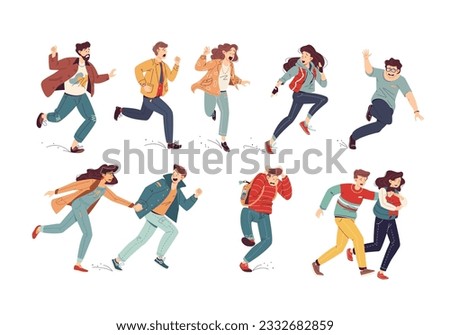 Frightened people run. Scared person runaway from danger terrorism, afraid couple or shock crowd panic running, screaming man escape surprising character garish vector illustration Сток-фото © 