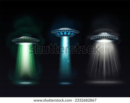 Realistic ufo. Spaceship abduction of aliens, 3d model futuristic space vessel, search alien ship, vertical beam light, invasion visitor, infinity effect exact vector illustration of spaceship ufo