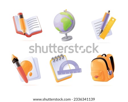 3d school supplies. Render studying tools, childish schools student or office stationery notebook pencil eraser pen paper book backpack, isometric icon exact vector illustration of school education 3d