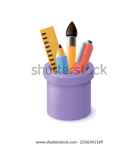3d pencil cup. Stationery pencils container with office supplies, render school holder case for pen ruler education desk items, realistic isometric exact vector illustration of cup with pen