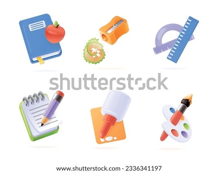 3d school stationery. Render study elements for student education equipment or office writing tools, glue isolated sharpener ruler, isometric icon exact vector illustration of stationery education