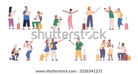 Tourists take photos. Tourist friends travel photographer with camera and luggage, family couple travelers selfie in vacation excursion group sightseeing classy vector illustration