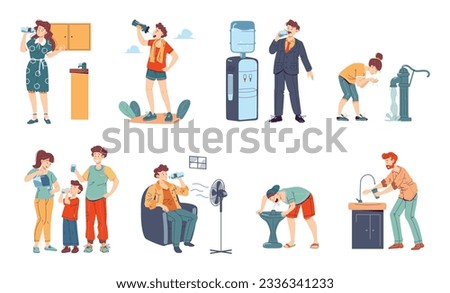 People water thirst. Man and woman with child drinking from bottle glass home filter or fountain, thirsty person eager father mom drink health drinks, garish vector illustration of thirst in office