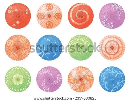 Japanese umbrellas top view. Asian paper umbrella and traditional japan or chinese parasol with beautiful pattern of cherry blossom colors above neat vector illustration of umbrella traditional view