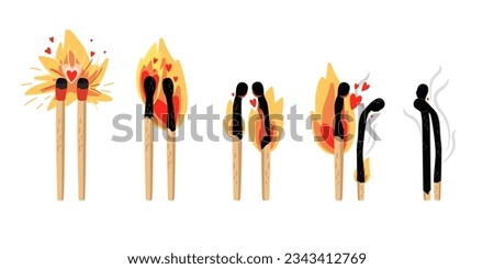 Set of burning match. Sequence steps of combustion. Wood matchstick with sulfur head, flaming stages from ignition to extinction. Ignition and extinction of feelings concept vector illustration