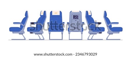 Airplane armchairs. Aircraft seats for safety flight and comfort travel inside plane of economy business class interior, isolated chair aeroplane space, classy vector illustration of aircraft seat