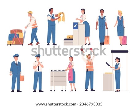 Airport staff. Aircraft crew, security employee in airline uniform check people baggage, stewardess with trolley and airplane pilot, job aviation service classy vector illustration of airport crew