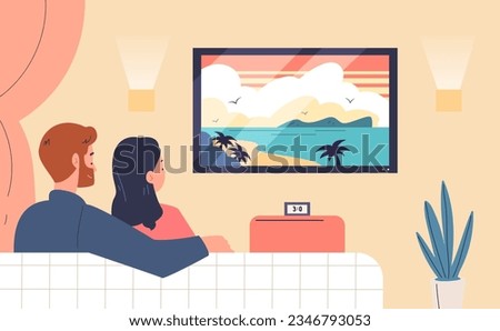 Couple watching tv. Family couples looking romantico atmospheric movie, relax weekend on sofa couch watch television, night home living room apartment interior vector illustration of family romantic