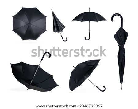 Realistic black umbrella. Umbrellas mockup, open and closed umbel render rain or sun weather accessories, dark parasol waterproof tent isolated, exact vector illustration of mockup parasol object