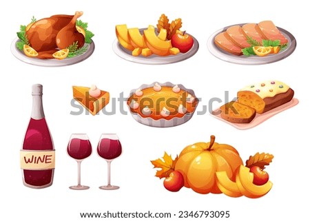 Thanksgiving day dishes. Festive turkey dinner, autumn meals buffet with pumpkin piece pie wine fall seasons vegetable cooked food dish on plate, cartoon vector illustration of thanksgiving turkey