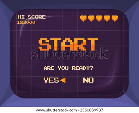 Arcade game screen. Retro gaming machine display, pixel video games 8-bit play interface old computer or vintage console monitor for start gamer players, neat vector illustration of screen retro game