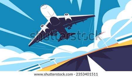 Plane taking off. Airplane departure or landing on airport runway, modern plane takeoff airfield in sky, aircraft flight out to travel vacation, airliner classy vector illustration