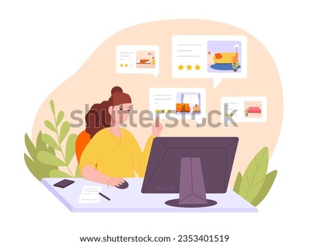 Booking accommodation. Woman searching hotel apartment for reserve rent in booking online service, estate agent finding room on tourism internet platform, trip vector illustration of hotel book online