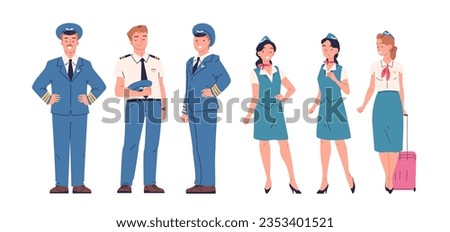 Airplane crew. Airline staff, aircraft commander airplane pilot or attendant flight stewardess aviation team uniform workers occupation, vector illustration of aviation professional crew and staff