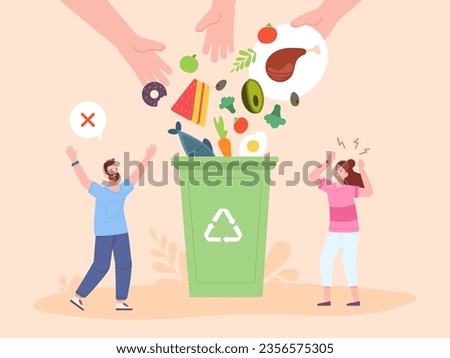 Food waste leftovers. Bad attitude to environment and foods wastage problem, hands throw organic trash plate in bin container, separated garbage vector illustration of food environmental garbage