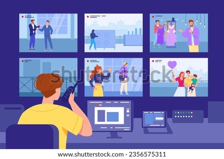 Video surveillance room. Professional security cctv monitoring, guard service worker with phone watching camera monitor, city video control system office vector illustration of video security control