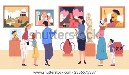 Family in museum. People tourists with children looking ancient monument, statue exhibit or painting art gallery exhibition, guide excursion tour group vector illustration of tourist character gallery