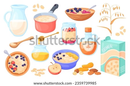 Oatmeal ingredients. Oat porridge box crunchy flakes for healthy breakfast eating, dry oats ripeness, cereal grains with fruit, vector illustration of breakfast oatmeal, raisins and nuts illustration