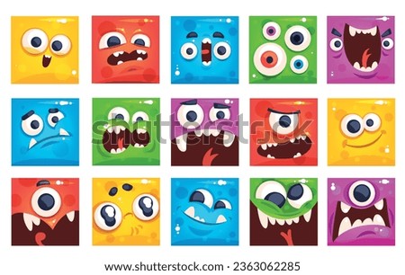 Monsters square avatars. Monsters kids portrait, comic strange mascot funny troll face geometric emoticon smile halloween crazy character, cartoon alien vector illustration of cartoon character square