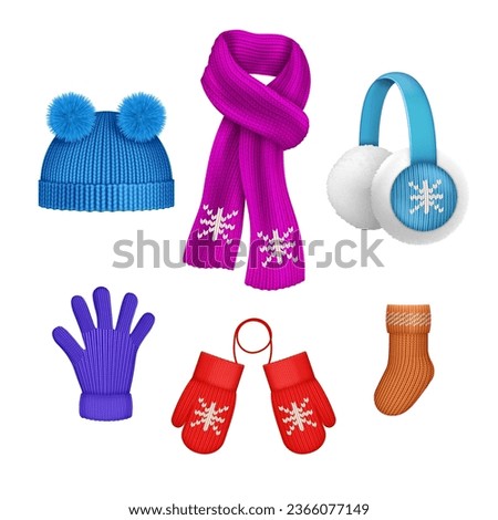 Realistic winter clothes. 3d bright kids warm clothing elements, wool scarf or sock knitted beanie cap hat knit mittens gloves for cold autumn, decent vector illustration of winter fashion clothing