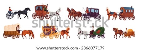 Horse vehicles. Ancient trip wagon victorian carriage, wagoneer chariot or working rustic horses cart, wedding royal stagecoach old historic vehicle, ingenious vector illustration of carriage wagon