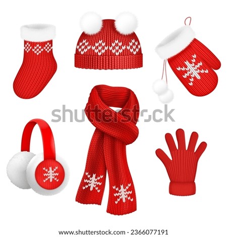 Christmas clothes. Winter clothing santa snow outfit for xmas holiday, 3d beanie mittens socks scarves knit cloth knitting red hat and fur scarf isolated vector illustration of snow winter accessory