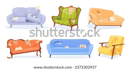 Damaged couches. Messy sofa with damage upholstery, junk old soft home furniture from broken apartment room, worn couch dirty trash mattress on bed sofas, neat vector illustration of messy damage