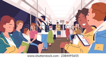 People inside subway. Passengers in metro or modern tram interior, stand person with phone at handrail and seat woman reading book, urban transportation vector illustration of metro subway train